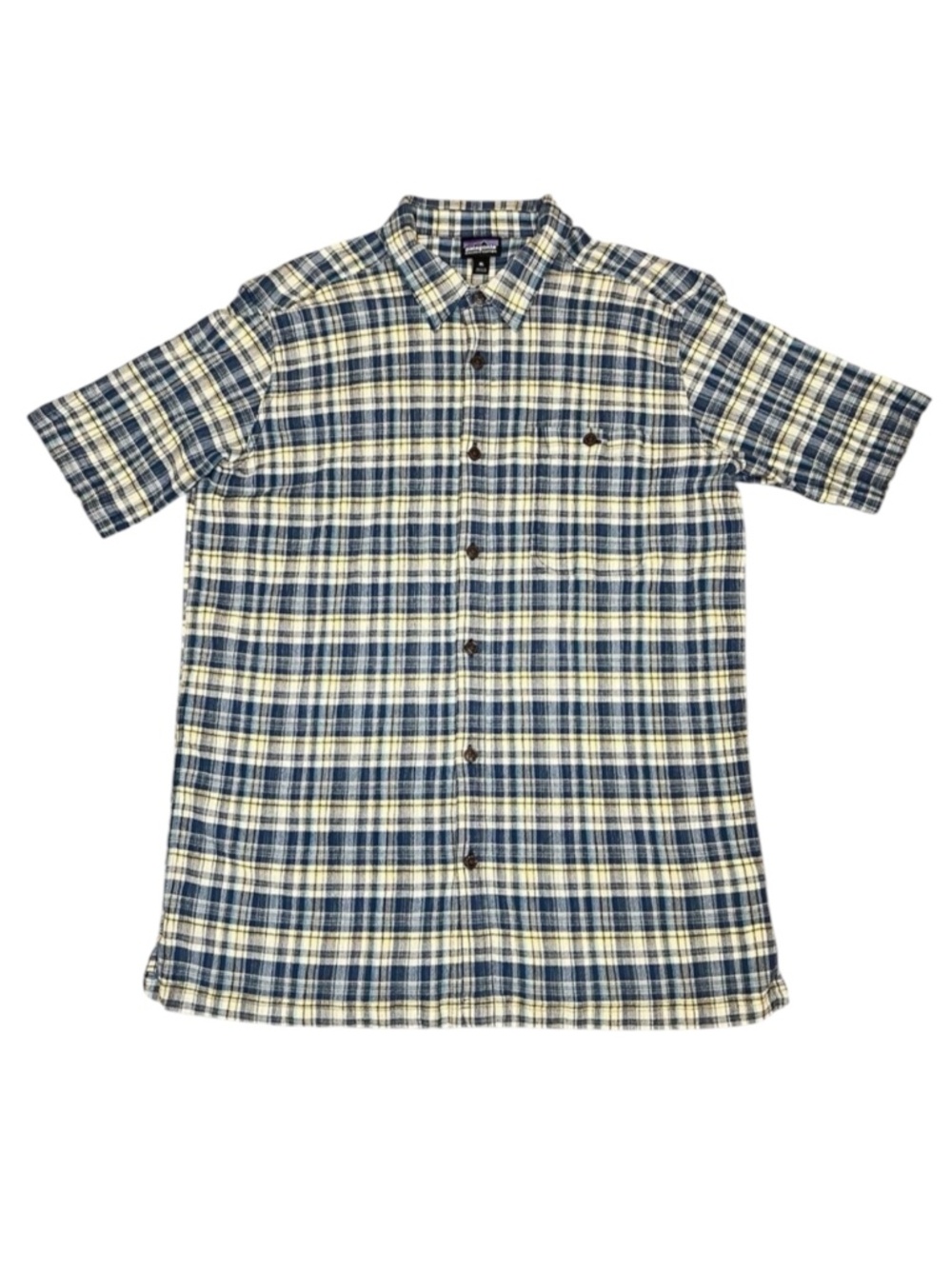 PATAGONIA A/C Blue Plaid Seersucker Short Sleeve Button Up Shirt Outdoor Mens XL